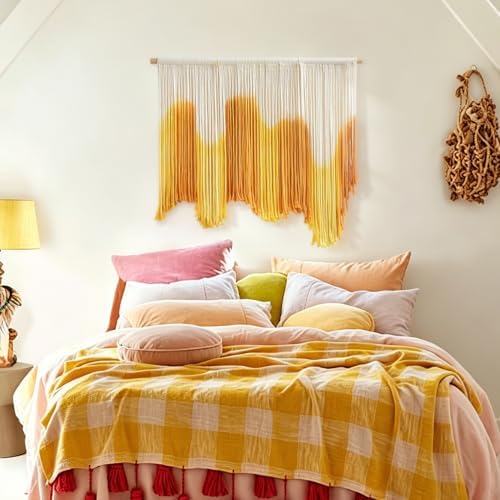 IOWER Macrame Wall Hanging Yellow Dip Dye Boho Fiber Wall Decor 27" x 26.8" - Image 3