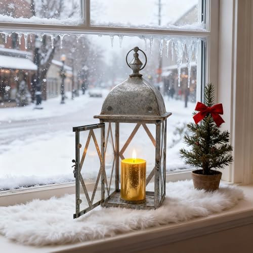 Vintage Metal Candle Lantern with Glass 17in Distressed Blue Rustic Large Farmhouse Hanging Candle Holder Lanterns for Indoor & Outdoor Front Porch Table Centerpiece Decor (Blue) - Image 4