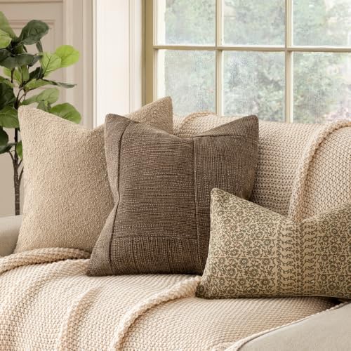 Foindtower Set of 2 Decorative Patchwork Chenille Throw Pillow Covers Textured Modern Vintage Cushion Covers Neutral Boho Accent Home Decor for Sofa Chair Couch Bed Living Room,22×22 Inch,Light Brown - Image 5