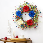 VioletEverGarden 22 Inch 4th of July Wreaths for Front Door Artificial Patriotic Wreath Red White and Blue Wreath with Dahlia for Independence Day Memorial Day Flag Day Decor - Image 3