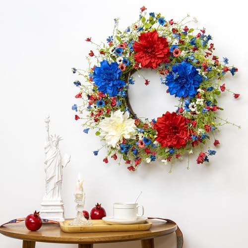 VioletEverGarden 22 Inch 4th of July Wreaths for Front Door Artificial Patriotic Wreath Red White and Blue Wreath with Dahlia for Independence Day Memorial Day Flag Day Decor - Image 3
