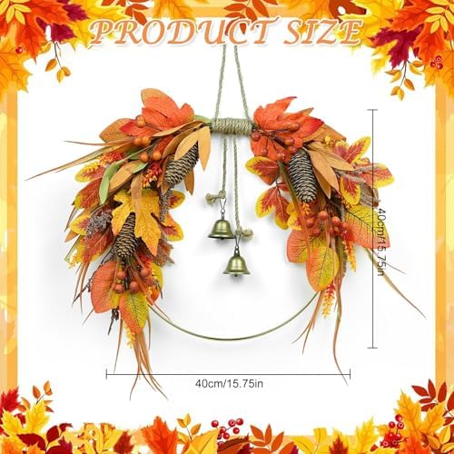Thanksgiving Fall Wreath for Front Door 15.7 Inch Autumn Wreath Harvest Wreaths with Pine Cones Maple Leaves Berries Autumn Fall Decorations for Porch Wall Outdoor Indoor Festival Party Decor - Image 2
