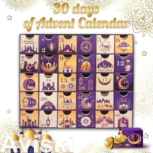 Ramadan Advent Calendar with Drawers, 30 Empty Boxes for 30 days, Eid Mubarak Coutdown Calendar Fillable Ramadan Gift, Islamic Art, Cardboard Number Storage Box, Ramazan Party Supplies - Purple - Image 3