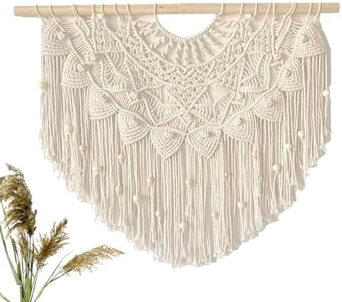 Youngeast Large Macrame Wall Hanging Boho Beaded Curtain for Window Macrame Bedroom Headboard Living Room Wall Art Tassel Tapestry Bohemian Woven Wall Decor 31" W X 25" H (Beige) by Unknown