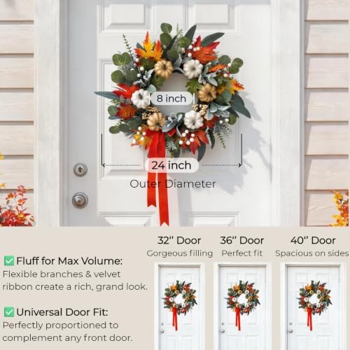 Fall Front Door Wreaths with Ribbon, 24 Inch Pumpkin Autumn Wreath - Image 5