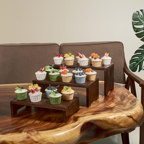 DAOYOUSKY Set of 3 Wooden Rustic Cupcake Stand for 24 Cupcakes, Stepped Wood Display Stand for Weddings, Tiered Party Buffet Table Display Nesting Riser for Food , Dessert, Cookie, Craft Show, Brown - Image 2