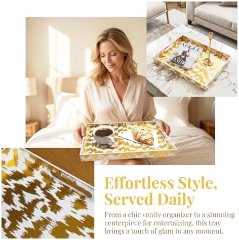 White & Gold Glitter Abstract Serving Tray with Handles, 15.8”x11.7”x1.6” Rectangular Decor Tray – Multipurpose for Breakfast in Bed, Bathroom Vanity, Living Room & Entertaining - Image 5