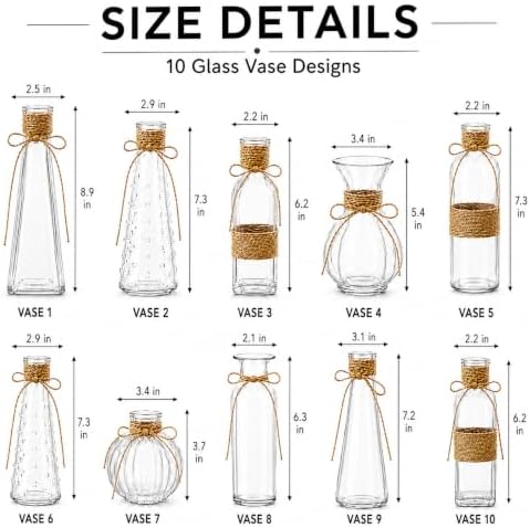 Glass Bud Vases Set of 10 for Flowers, Clear Small Vases with Jute Rope - Image 3