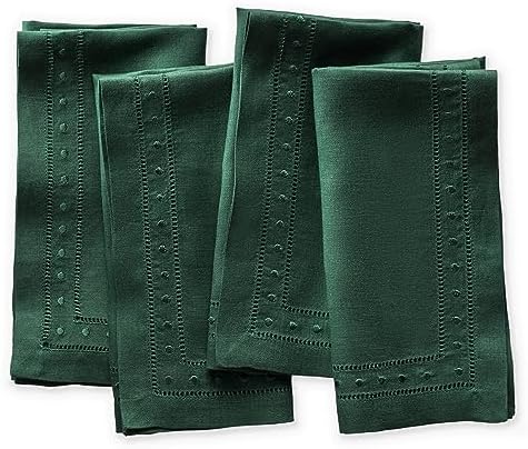 100% Linen Napkins Forest Green Set of 4, Embroidered Dot 18 x 18 Inch by OlucioAuthentiqueHome