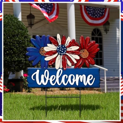 Amyhill 1 Pcs Patriotic 4th of July Outdoor Decor Daisy Metal Garden Stakes Memorial Day Welcome Yard Signs Decorations Garden Stakes for 250th Anniversary Patio Lawn Walkway Outside - Image 2