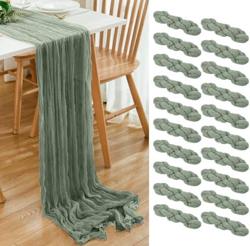 20 Pack Sage Green Cheesecloth Table Runner 17x108 Inch Boho Wrinkled Sheer Romantic Gauze Cheese Cloth Table Runner Bulk Decor for Wedding, Bridal Shower, Birthday Party by Dspoot