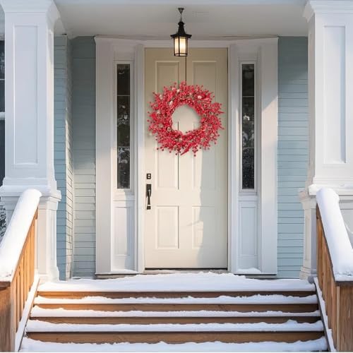 24 Inch Winter Christmas Wreath with Frosted Berries & Pine Cones, Red and White Artificial Wreath for Front Door, Snowy Effect Holiday Decor for Indoor and Outdoor Use - Image 4
