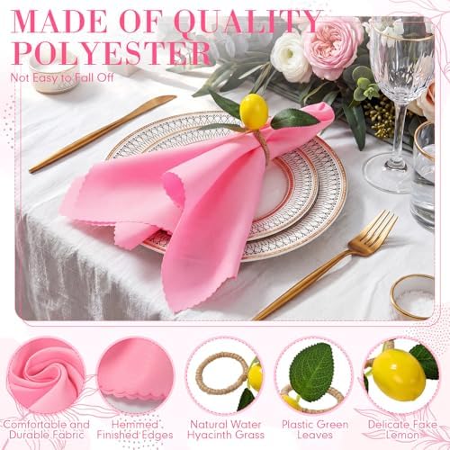 Preboun 24 Pcs Pink Cloth Napkins with Lemon Yellow Rings - Image 3