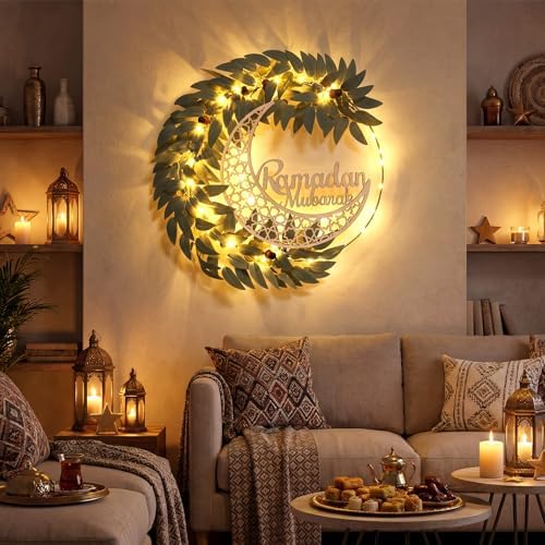 Cinnvoice Eid Ramadan Mubarak Wreaths Door Sign Artificial Leaves Ramadan Hanging Wreath Decoration for Front Door Eid Al Fitr Moon Wood Sign Wall Garland Hanger for Islamic Muslim Home Party Decor - Image 6