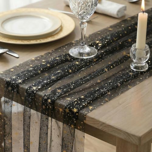 Artoid Mode 10PC Gold Stars Black Gauze Table Runner 120 Inch 10FT, Reversible Glitter Sheer Dining Wedding Holiday Birthday Table Decor for Home Party - Image 3
