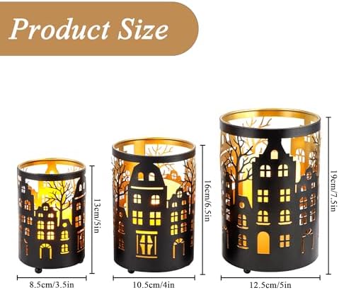 TRIROCKS Village Silhouette Candle Lantern 7.5" H Etched Bronze Metal Candle Holder Decorations for Living Room Tabletop Parties Patio Entryway Indoors Outdoors(3PCS) - Image 5