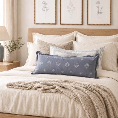 BlissBlush Long Lumbar Pillow Cover 14x36 for Bed, Coastal Blue Velvet Decorative Lumbar Pillow Cover with Scallope Edge, Dusty Blue Floral Embroidery Accent Cushion Cover for Couch Sofa, Cover ONLY - Image 3