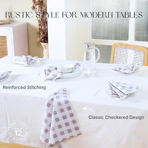 Cloth Napkins Set of 12, 100% Cotton Reusable Gingham Printed Dinner Napkins, 18x18 Inch Washable Table & Kitchen Napkins for Home, Dining, Entertaining, Cloud Gray & White - Image 3