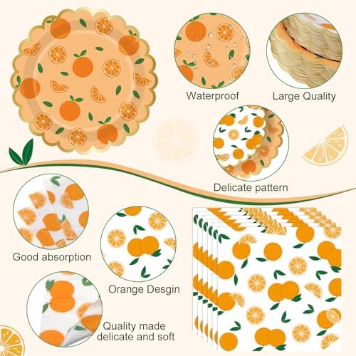 Ceenna 452 Pcs Orange Theme Party Supplies for 50, Little Cutie Is on the Way Paper Plates Napkins Cups Tablecloth Cutlery Straw Disposable Tableware for Summer Birthday Baby Shower Party Decoration - Image 3