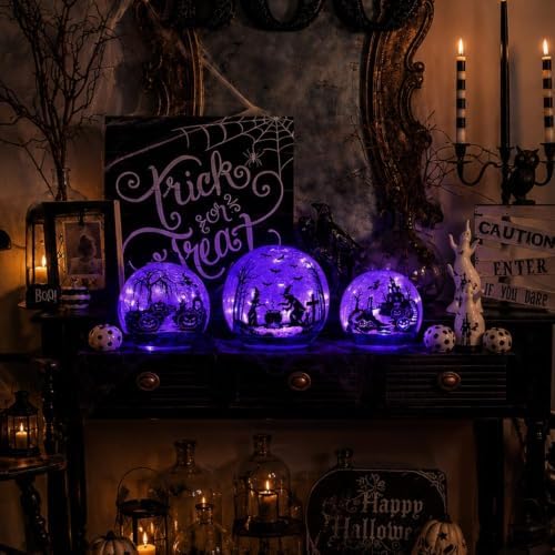 NEEDOMO Halloween Decorations Indoor, 3 Pack Witch Crackle Glass Globe Purple LED Lights with Timer, Halloween Table Decor for Mantel, Fireplace, Party, Home - Image 5