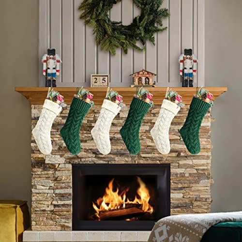 Christmas Stockings, 20 Inch Ivory and Green Cable Knit Stockings Christmas Holiday Decoration, 6 Pack - Image 2