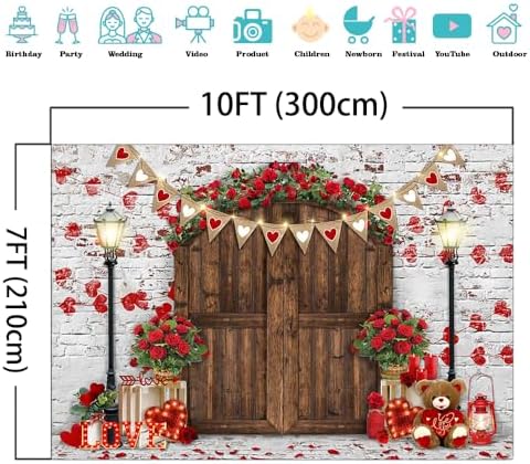 Mocsicka Rustic Wood Door Red Roses Backdrop Love Hearts Brick Wall Background Romantic Valentine's Day Party Decoration Supplies Photo Booth Props (10x7ft) - Image 4