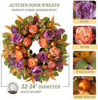 24 Inch Harvest Fall Wreath for Front Door Outside with Orange Purple Peony - Image 4