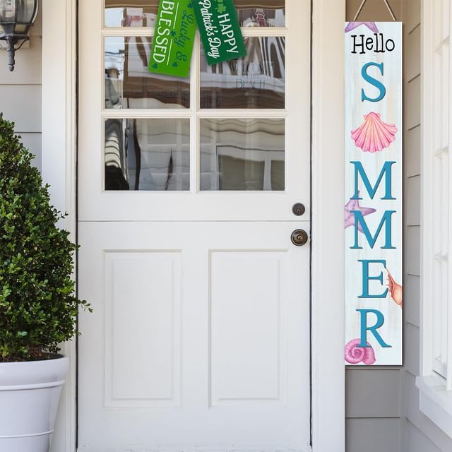 Hello Summer Starfish & Shells Wooden Sign 8”x48” Welcome Solid Wood Sign and Porch Leaner Summer Decoration for Front Door Porch Yard Deck Patio Farmhouse Vertical Decorn - Image 5