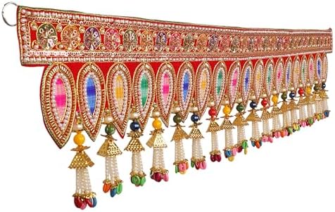 Decorative Toran Door Hanging Artificial Velvet Cloth Bandanwar Beads Leaf Design Wall Hanging for Entrance Window Home Temple for Indian Traditional Festival Decor (Size:-36"X9")(Red,Multicolour) - Image 3