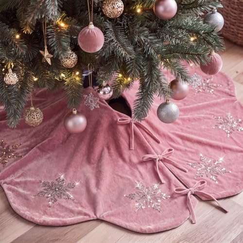 Hollowfly Dusty Pink Velvet Christmas Tree Skirt with Sequin Snowflake 48'' by Hollowfly