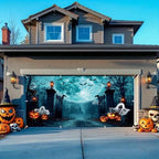 Halloween Garage Door Cover 7x16ft Full Moon Spooky Gate Garage Door Halloween Decorations Banner for 2 Car Ghost Graveyard Scary Hallows' Eve Banners for Outdoor Party Supplies - Image 3