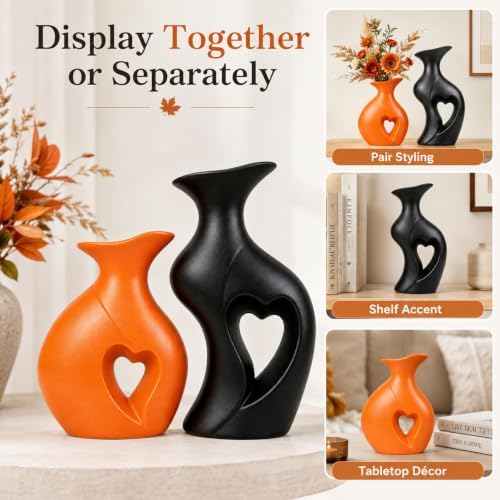 Fall Ceramic Vases Heart Shaped Vase Set of 2 (Orange & Black) - Image 4