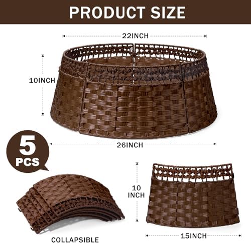 26in Christmas Tree Collar, Natural Woven Rustic & Farmhouse Holiday Decoration, 5-Piece Rattan Tree Skirt Ring Accessory for Xmas Artificial Trees(Brown) - Image 2
