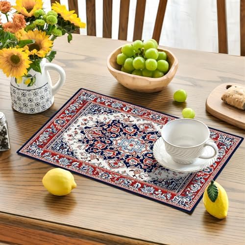 Boho Placemats Set of 6 Traditional Oriental Table Mats Abstract Place Mats Decor Imitation Linen Heat Resistant Blue Red Florals Tablecloth for Dining Decorations Kitchen Party Restaurants 12''x18'' - Image 2