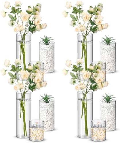 Nuogo 12 Pcs Plastic Cylinder Vases Tall Plastic Flower Vases for Centerpieces Hurricane Candle Holder for Home Wedding Office Party Formal Dinners Decorations (4''/6''/8'') by Nuogo