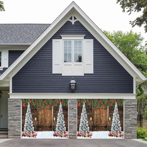 7x8ft Christmas Garage Door Decorations Christmas Barn Xmas Tree Christmas Ball Snowflake Garage Backdrop for Xmas Eve Holiday Outdoor Wall Decor Winter Holiday Background Sign for Garage Door - Image 3
