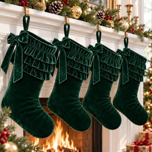 Thenshop 4 Pairs Christmas Hunter Green Velvet Bow Stockings by Thenshop