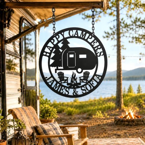 Personalized Happy Camper Metal Sign, Custom Happy Camper Yard Sign, Hanging Camping Sign, Camper Decor, RV Decor, Custom Campground Sign, Personalized Campground Gift - Image 2