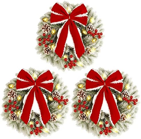 ATDAWN 3 Pcs Mini Christmas Wreath, 15 Inch Outdoor Lighted Christmas Wreath for Front Door, Xmas Wreath for Holiday Christmas Party Decorations by ATDAWN