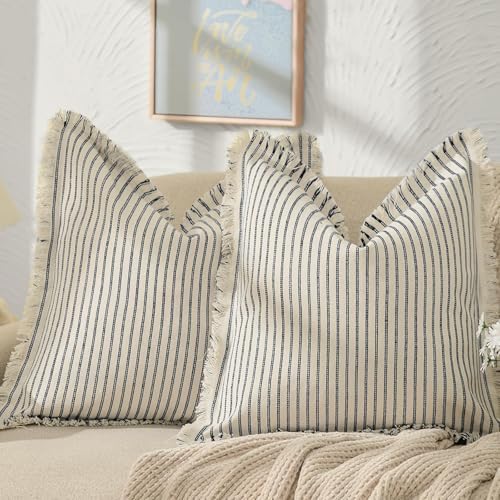 ZWJD Throw Pillow Covers 24x24 Set of 2 Striped Pillow Covers with Fringe Chic Cotton Decorative Pillows Square Cushion Covers for Sofa Couch Bed Living Room Farmhouse Decor, (Navy) by ZWJD