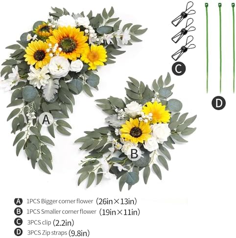 Faux Flower Swag Set of 2 for Wedding Welcome Signs Floral Swag Wedding Reception Ceremony Signs Decor (Sunflower & White) - Image 2