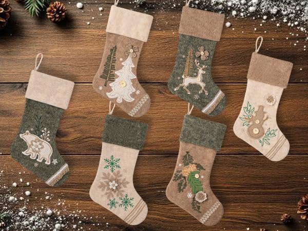 LUBOT 5 Pack Christmas Stockings Set of 5 Large Family Xmas Stocking Woolen Embroidered 20" Modern Rustic Farmhouse Country Rope Fireplace Hanging Holiday Decor - Image 5