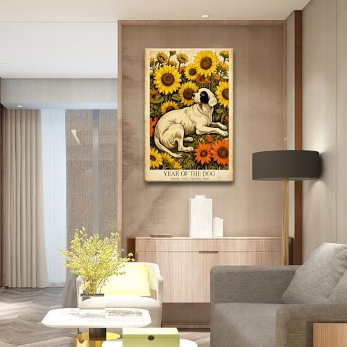Chinese Lunar Year Of The Dog Wall Art – White Dog and Sunflower Painting for Bedroom Living Room and Gallery Decor – Fun Home Print Decoration Posters 12X18 in Black Framed - Image 7