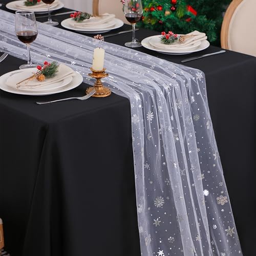 Snowkingdom 6 Pcs Christmas Snowflake Table Runners, 120 Inch Sheer Chiffon Gauze Cheesecloth, Silver Glitter Sequin Metallic Party Dining Table Decorations for Christmas Winter Holiday New Year by Snowkingdom