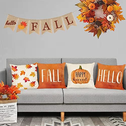 Set of 4 Fall Pillow Covers - 12x12 Inch Thanksgiving Decor Throw Pillows Covers with Pumpkins, Autumn Leaves - Decorative Home & Outdoor Sofa Couch Pillow Cases for Fall Theme Decorations (12 by 12) - Image 6
