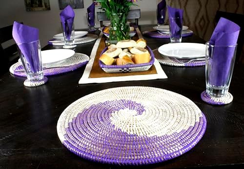 Senegal Placemats/African Bohemian Woven Seagrass Placemats/Natural Wicker Round Basket Placemats/Decorative Hanging Wicker Plates/Hanging Wall Decor (Purple & White) - Image 4