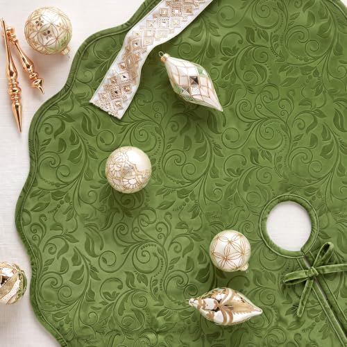 Velvet Christmas Tree Skirt Decor, 60 Inches, Scalloped Edge, Olive Green - Image 3