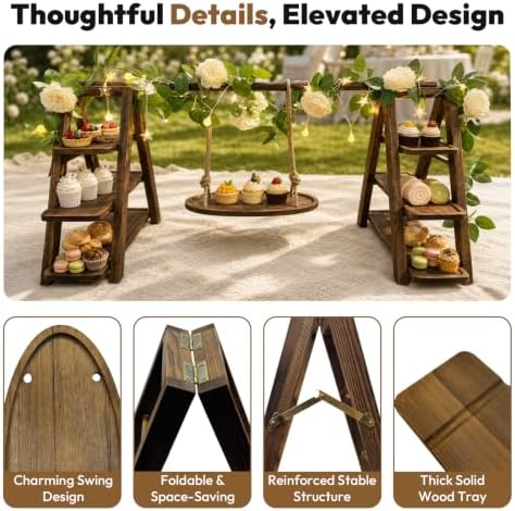 Wooden 3 Tier Cupcake Stand with Swing, Star String Lights & Champagne Flower Vine, Rustic Dessert Table Display Set, Tiered Food Serving Tray for Party, Wedding, Catering Centerpieces - Image 4