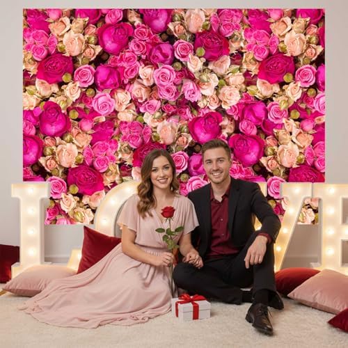 Ticuenicoa 8x8ft Pink Red Rose Flowers Photography Backdrop Valentine's Day Photo Background Baby Shower Wedding Birthday Decoration Bridal Shower Wedding Blossoms Roses Wall Art - Image 4