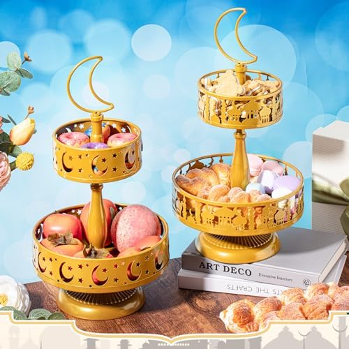 2 Pcs 2 Tiered Ramadan Trays, Golden Metal Eid Cake Stand - Image 3